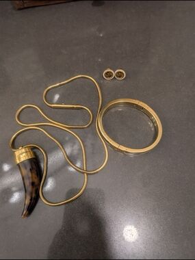 Michael Kors Gold Tone Tortoise Horn Pendant Necklace, Bracelet and Earrings